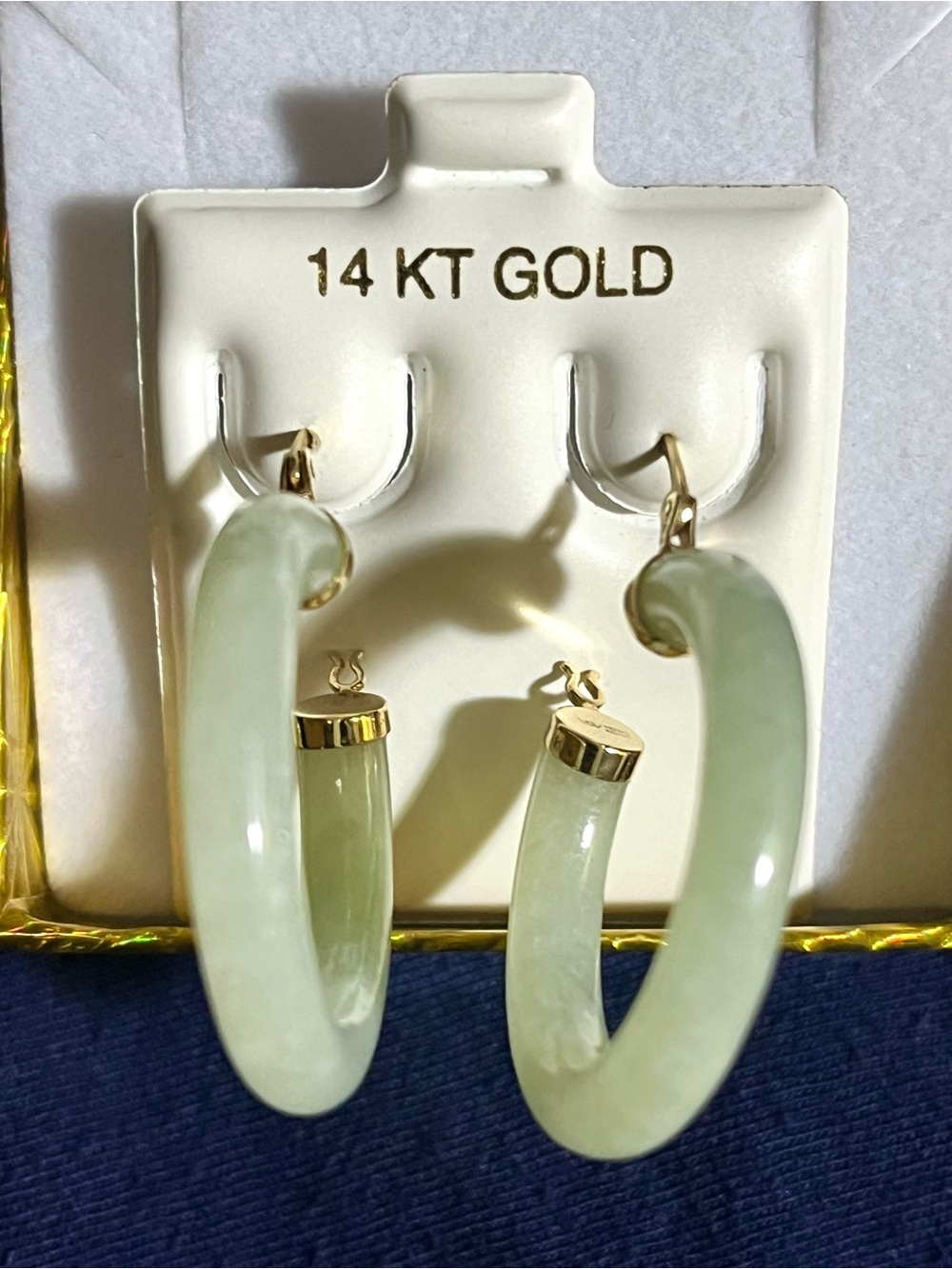 Lovely 14K Gold natural and genuine Light Green Jade Hoop Earrings